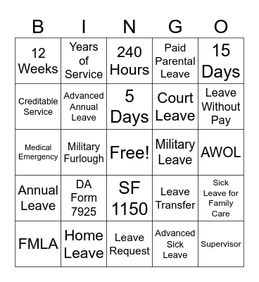 Leave Bingo Card