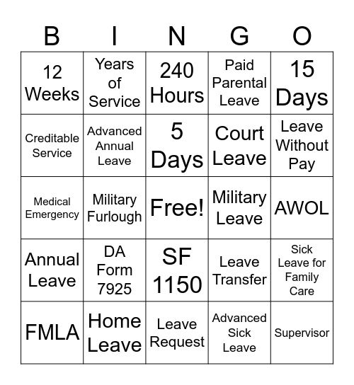 Leave Bingo Card