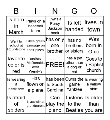 Get to know each other Bingo Card