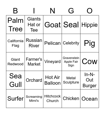Sonoma County Road TripHi Bingo Card