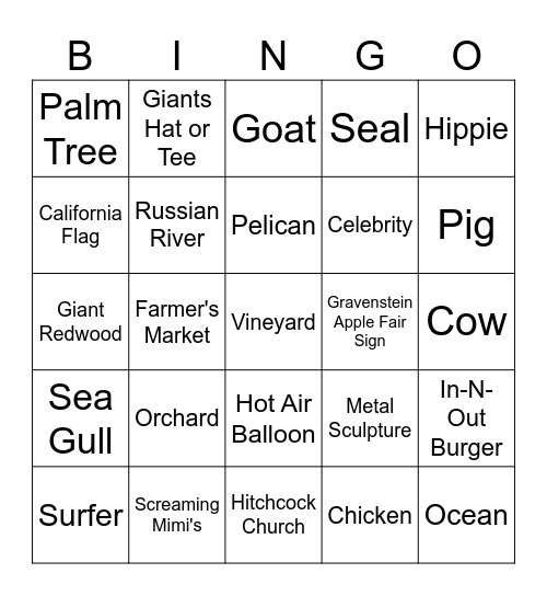 Sonoma County Road TripHi Bingo Card