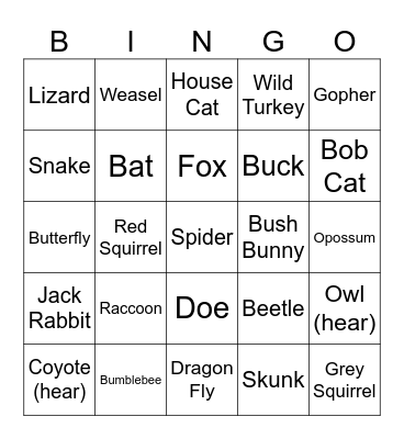 Kristy's Kritters Bingo Card