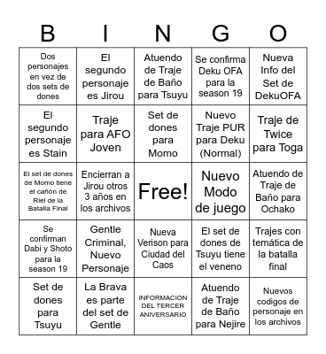 PREDICCIONES SEASON 18 Bingo Card