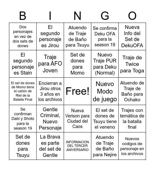 PREDICCIONES SEASON 18 Bingo Card