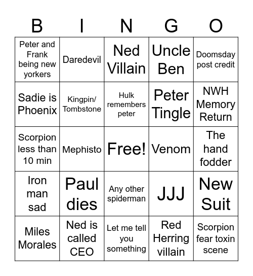 Spiderman Bingo Card