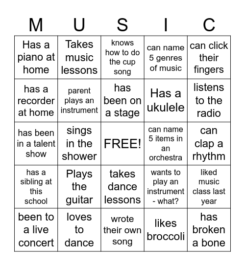 Getting to Know You Music Bingo Card