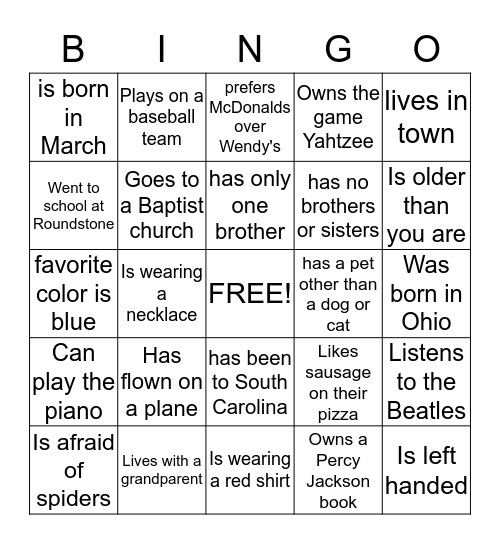 Get to know each other Bingo Card