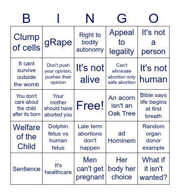 Pro Choice Stupidity Bingo Card
