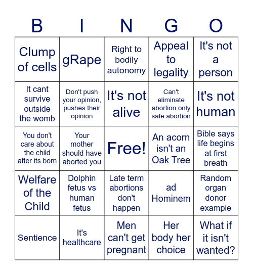 Pro Choice Stupidity Bingo Card