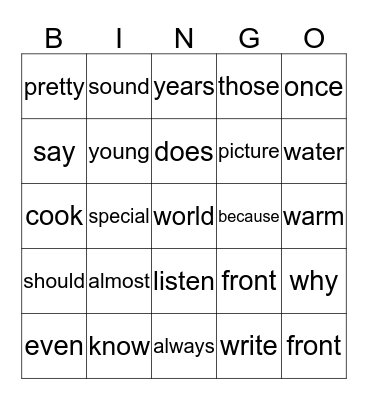 "My Robot" Sight Words Bingo Card