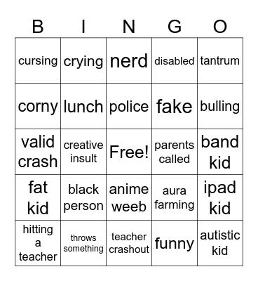 school crashout bingo Card