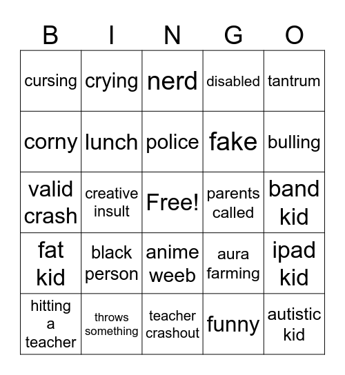 school crashout bingo Card