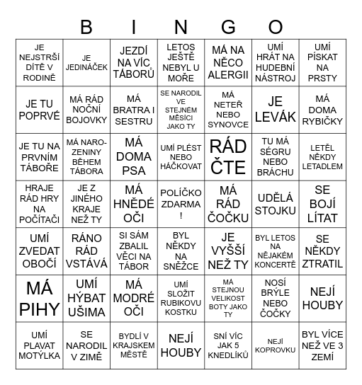 Najdi člověka který... Bingo Card