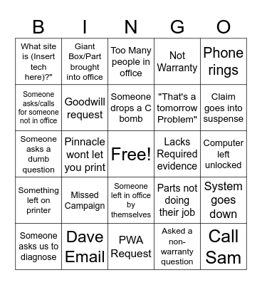 Warranty Bingo Card