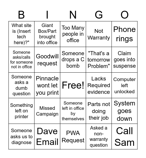 Warranty Bingo Card