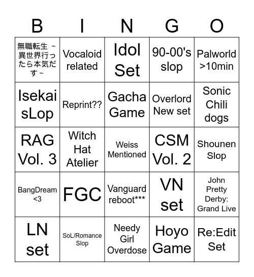 Bushiroad Stream Bingo Card