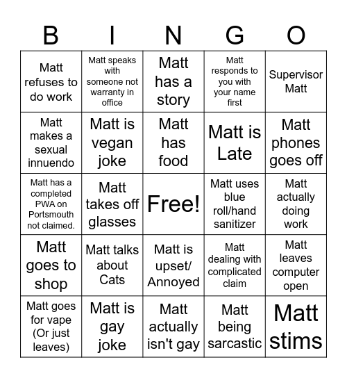 Matt Bingo Card