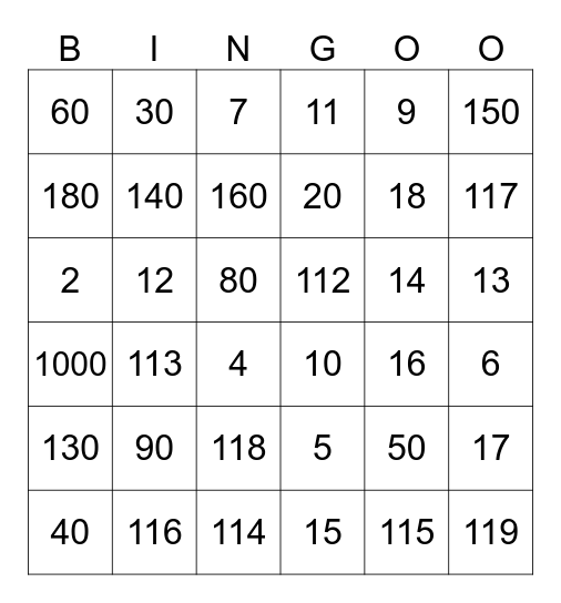 Numbers Bingo Card