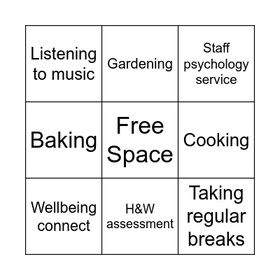 Health and Wellbeing bingo Card