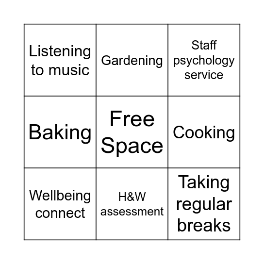 Health and Wellbeing bingo Card