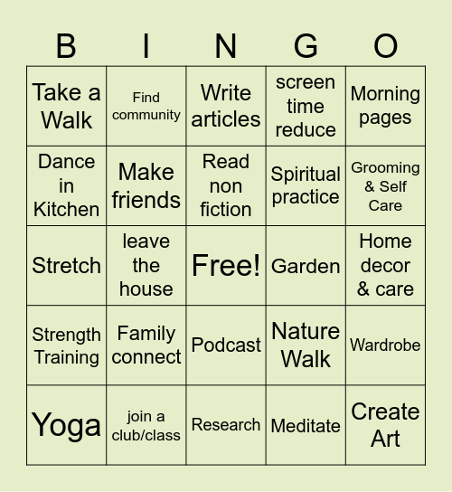 5 Hobbies Bingo Card
