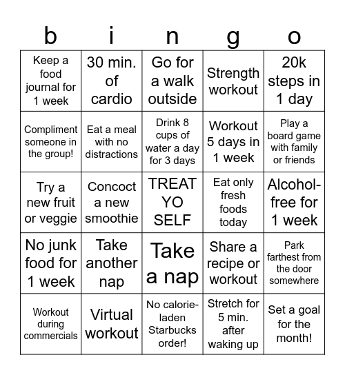 Quarantine-15 Health Challenge Bingo Card