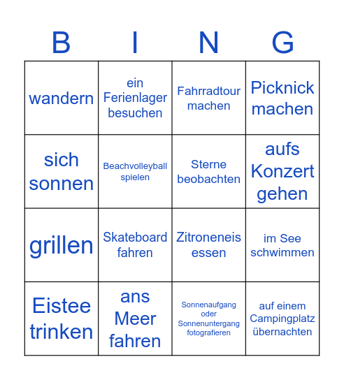 Sommer-Bingo Card