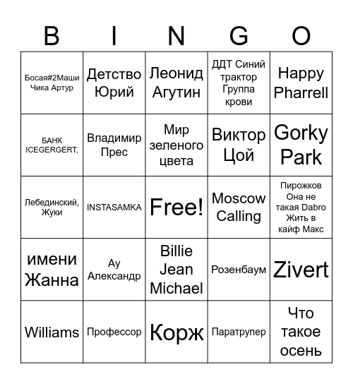 Untitled BingoЗА ДЕНЬГИ ДА INSTASAMKA  Стюардесса по имени Жанна Владимир Прес  Happy Pharrell Williams  Детство Юрий Шатунов Мир зеленого цвета Леонид Агутин Ягодка Малинка ХАБИБ Moscow Calling Gorky Park Профессор Лебединский, Жуки Ау Александр Розенб Bingo Card