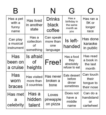 Get to Know You BINGO Card