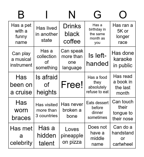 Get to Know You BINGO Card