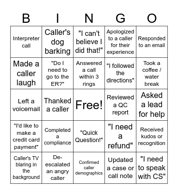 Call Center Bingo! Bingo Card