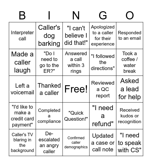 Call Center Bingo! Bingo Card