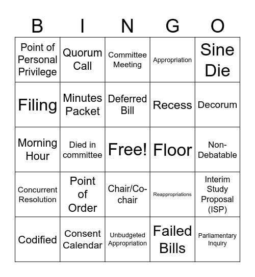 Capitol Speak Bingo Card
