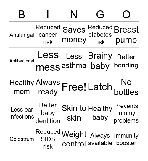 Benefits of Breastfeeding Bingo Card