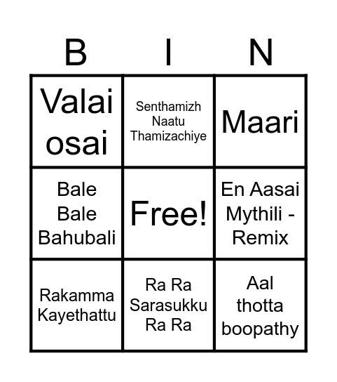 Tamil Movie Songs Bingo Card
