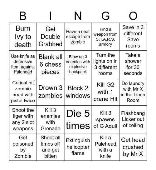 RE2 Bingo Card