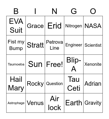 Project Hail Mary Bingo Card