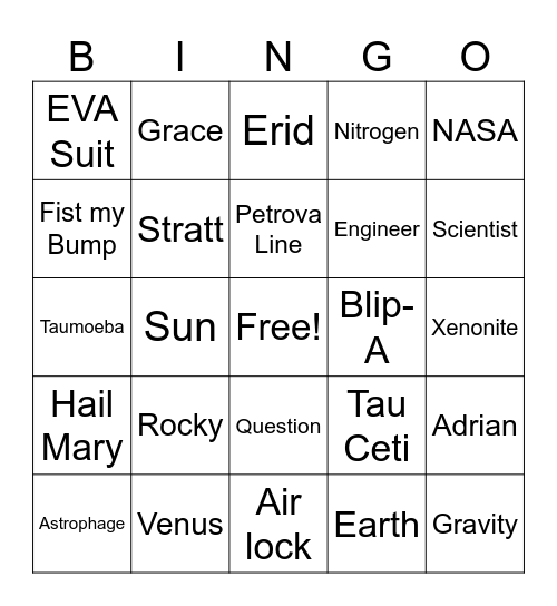 Project Hail Mary Bingo Card