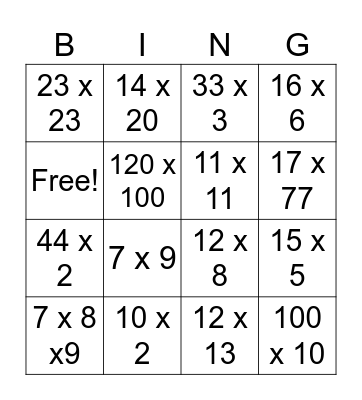 Multiplication Bingo Card