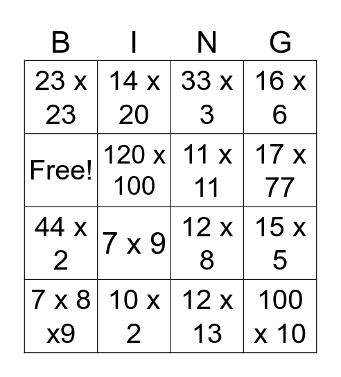 Multiplication Bingo Card