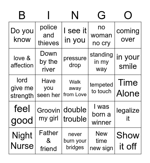 Reggae Bingo Card