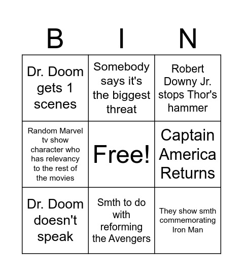 Doomsday Trailer Bingo Card