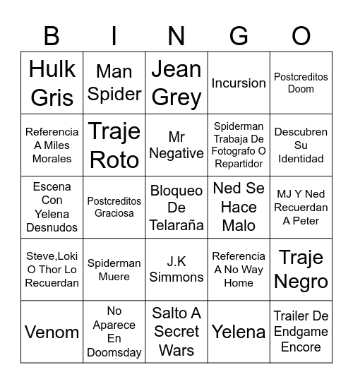 SPIDERMAN Bingo Card