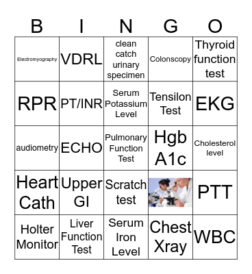 Lab and diagnostic Test Bingo Card