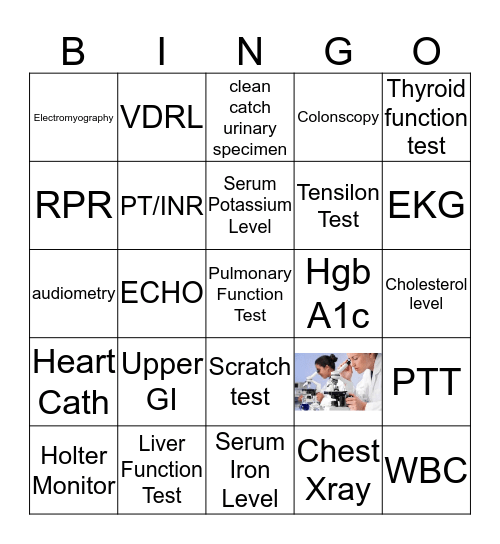 Lab and diagnostic Test Bingo Card