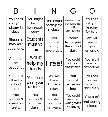 modal verbs Bingo Card