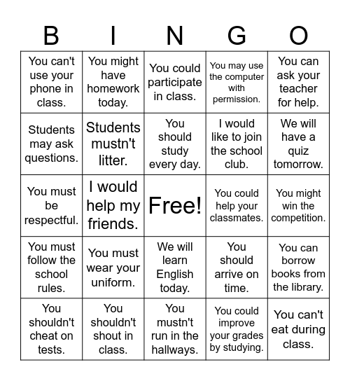 modal verbs Bingo Card