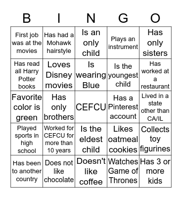 CEFCU Bingo  Bingo Card