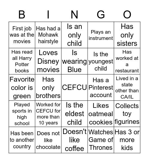 CEFCU Bingo  Bingo Card