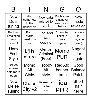 Ultra Rumble s18 Predictions Bingo Card